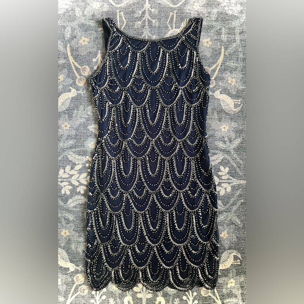 Camille la Vie Navy Blue and Silver Sleeveless Scallop Beaded Short Dress